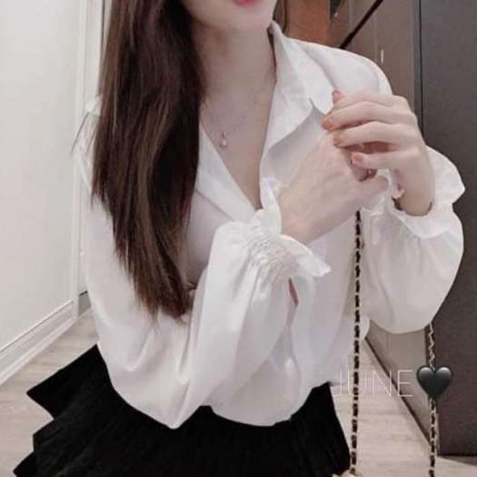 Korea Áo sơ mi nữ trắng đi học tay dài bo nhúm cổ bẻ  siêu  HoT !!!
