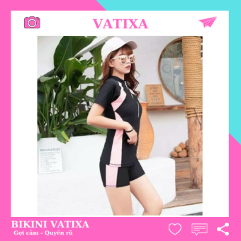 đồ bơi nữ kín đáo tay ngắn quần bơi đùi, lững đen phối hồng đi bơi đi biển đồ bơi học sinh VATIXA BKN94