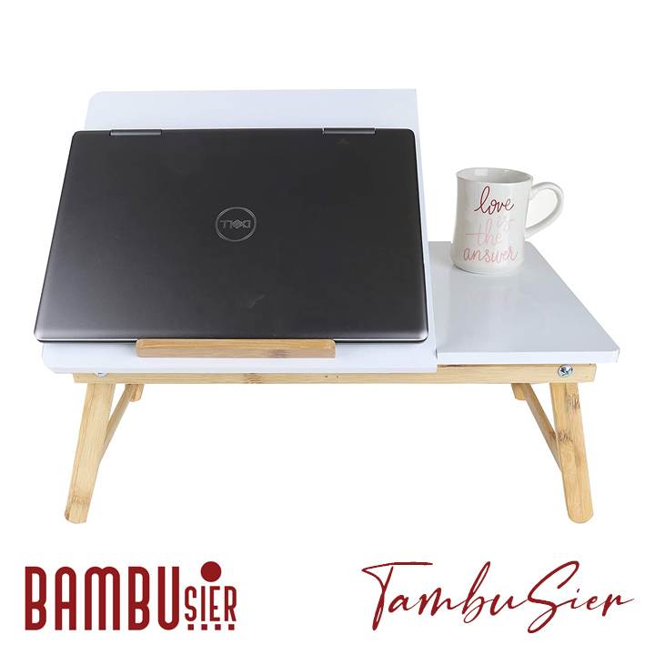 Bàn để laptop xếp gọn gỗ tre - Bàn kê laptop gỗ tre mặt bàn nghiêng 5 cấp độ, có ngăn kéo