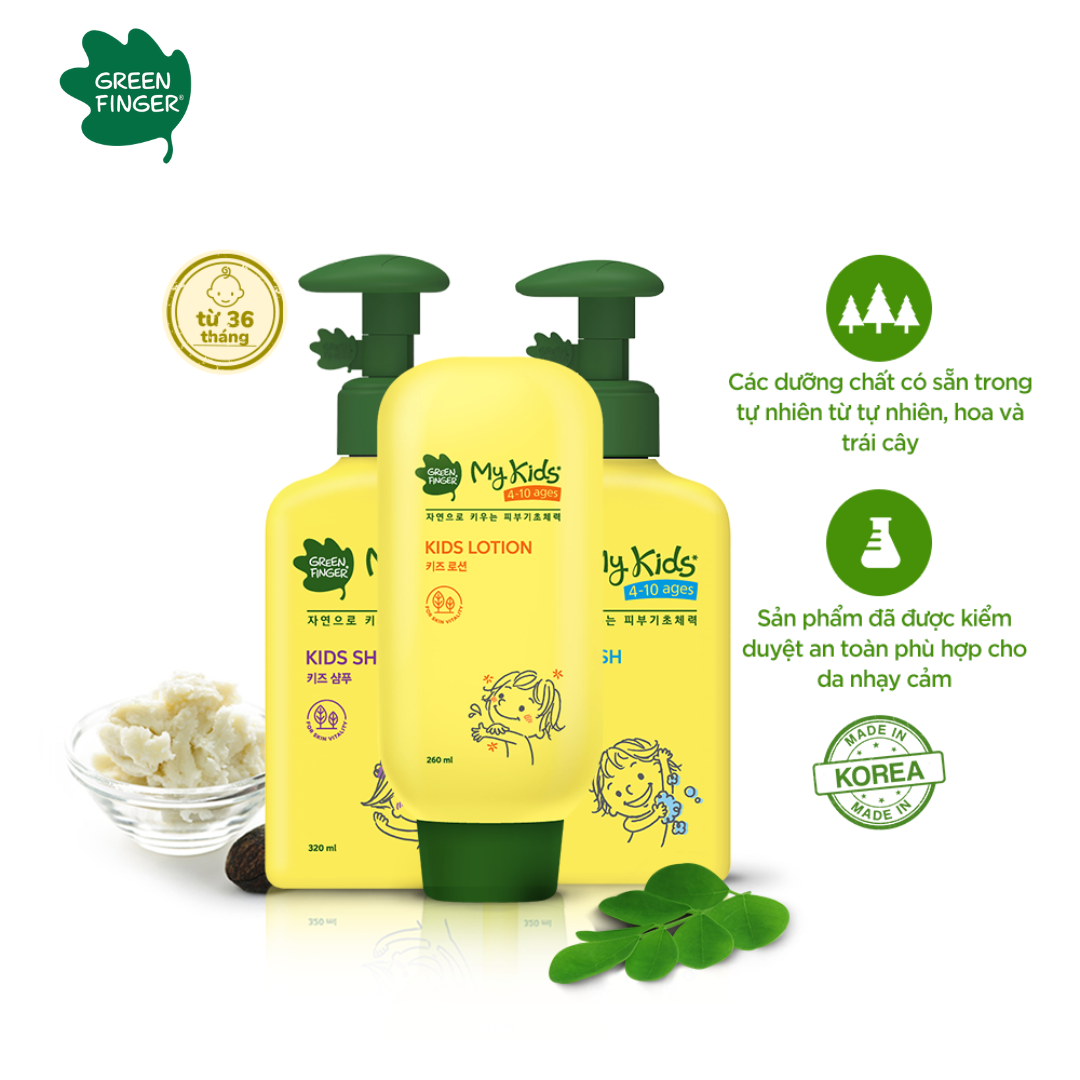 Combo 3 món: dầu gội + sữa tắm + sữa dưỡng thể cho bé greenfinger mykids shampoo 320ml + wash 320ml + lotion 260ml