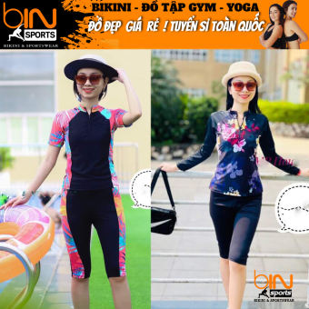 Bikini đồ bơi nữ đi biển 2 mảnh áo ngắn tay phủ bụng kèm mút mỏng quần lửng ngố chất liệu thun lạnh BINSPORTS BHV202