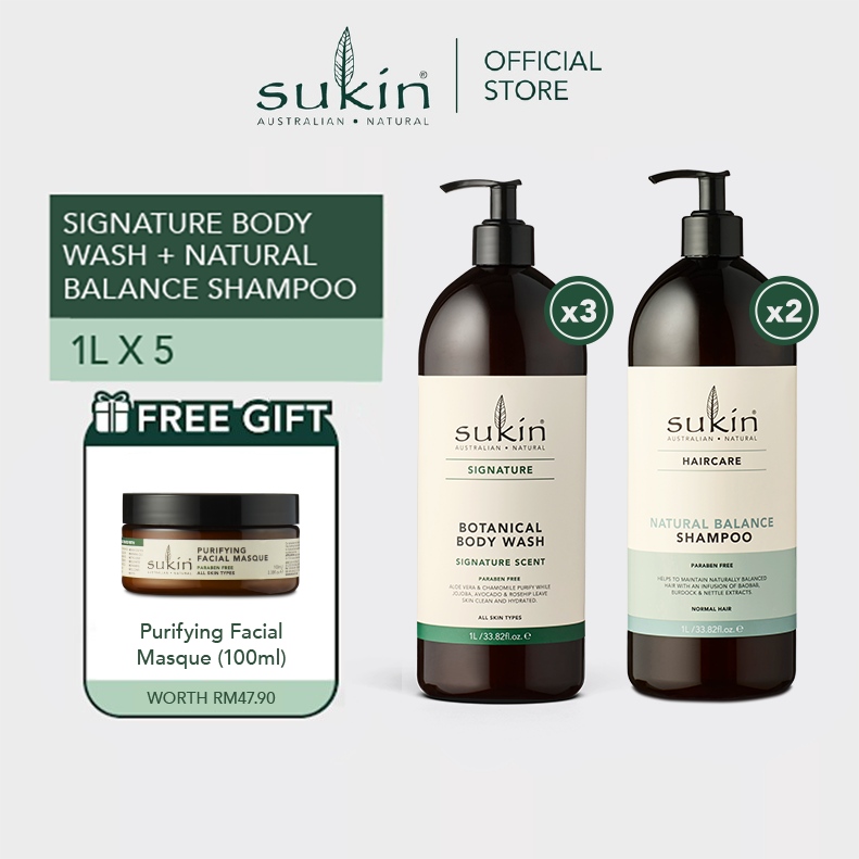 Gambar Sukin Botanical Body Wash (1L X3) + Sukin Natural Balance Shampoo (1L X2) [FREE Purifying Facial Masque (100ml)]