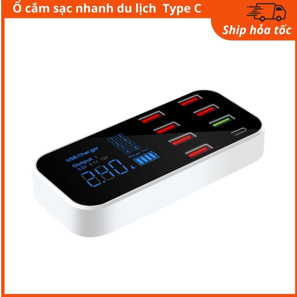 Ổ cắm điện thông minh sạc usb cổng type c sạc laptop điện thoai 8 cổng có màn hình thông số nhỏ gọn mang đi du lịch