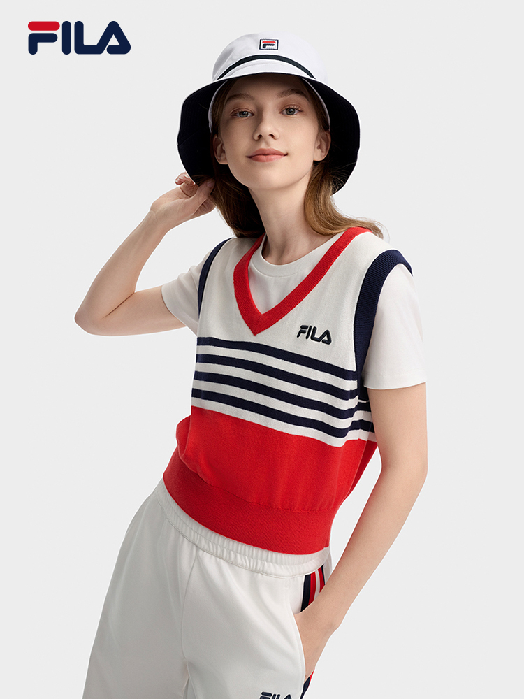 [NEW COLOR!] FILA CORE LIFESTYLE ORIGINALE FRENCH TENNIS CLUB Women Short Sleeve T-shirt + Sleeveless Knit Vest Set (Red / Blue)