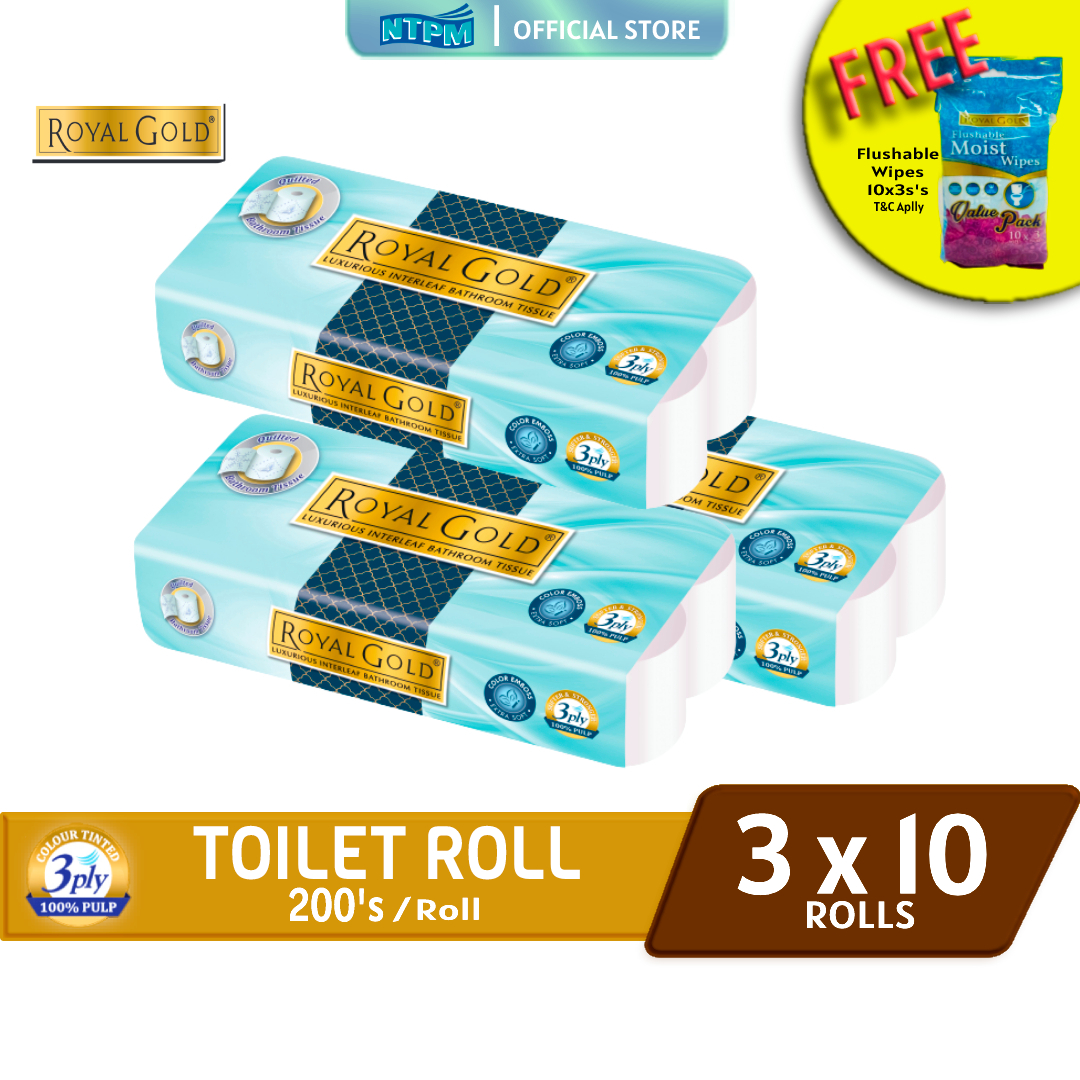 Royal Gold Luxurious Toilet Roll 200's 10Roll x 3 pkts - FREE Royal Gold Flushable Wipes (10'sx3)