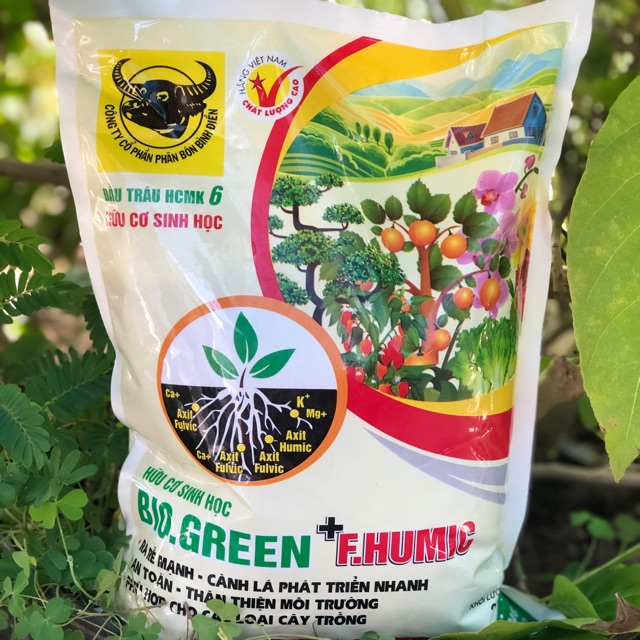 Phân bón hữu cơ sinh học Đầu Trâu Bio Green + F. humic (2kg) cho hoa hồng, mai vàng, cây cảnh, rau màu, cây ăn trái