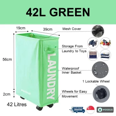 [SG Ready Stock] Woodles Laundry Basket Hamper★42L 55L 64L Capacity★4-Wheel Foldable Slim Durable Lockable Waterproof Oxford★All Purpose Storage Clothes Toys★Turquoise Beige Grey Blue Black Red★Local Shipping & Warranty (5)