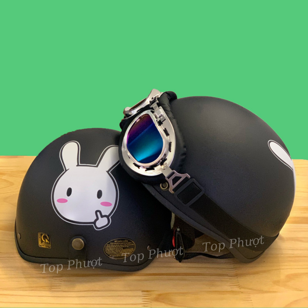 Mũ Bảo Hiểm Cute Nửa Đầu Có Kính Đi Phượt Hình Thỏ Trắng - Nón Việt Nam Sản Xuất, Đạt Chuẩn Kiểm Định