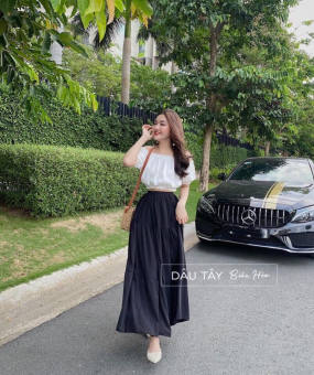 Set váy rời chân váy maxi dài áo bẹt vai tay ngắn