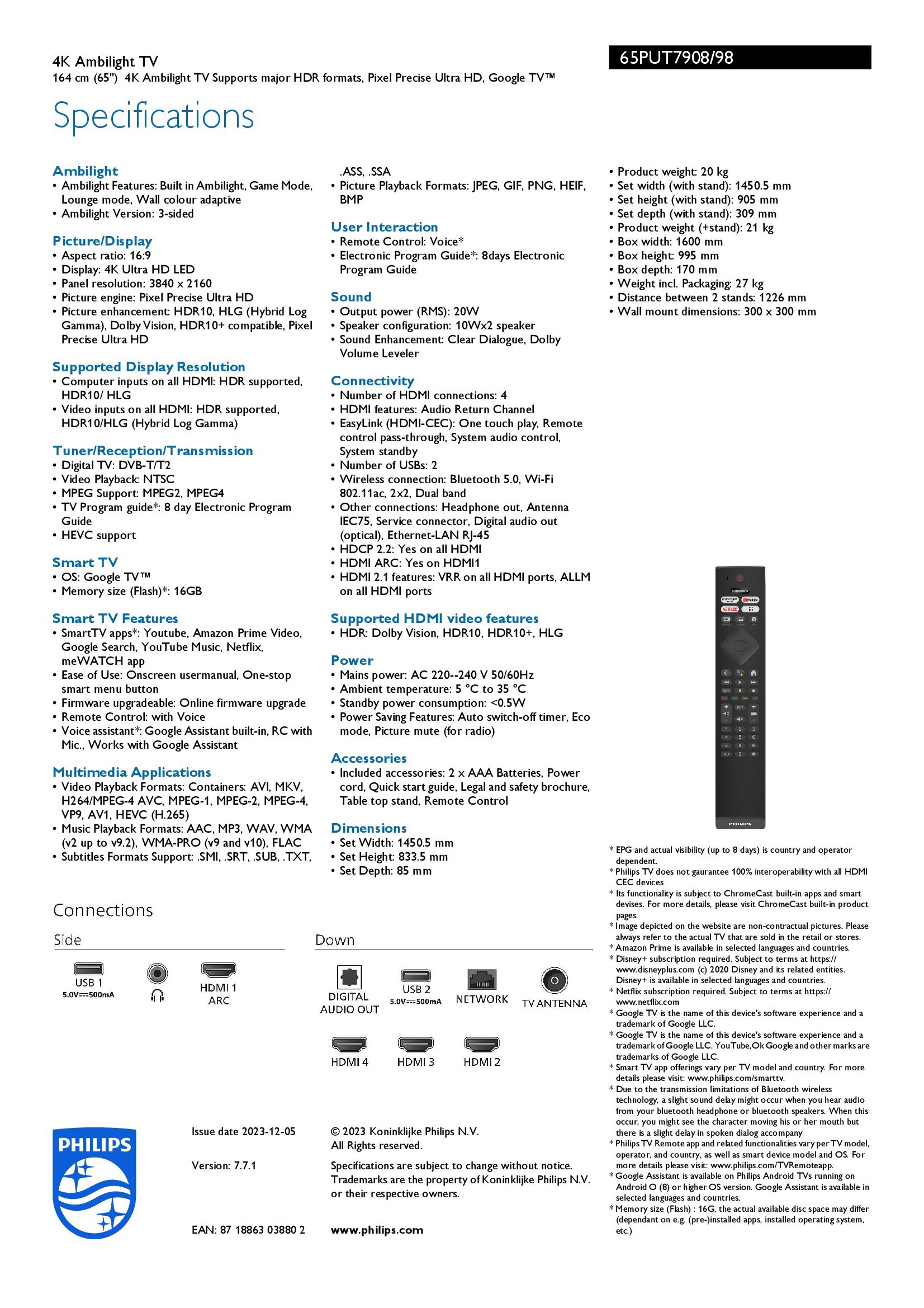 PHILIPS 65PUT7908/98 65" 4K UHD GOOGLE SMART LED TV ENERGY LABEL: 4 TICKS 3 YEARS WARRANTY BY PHILIPS