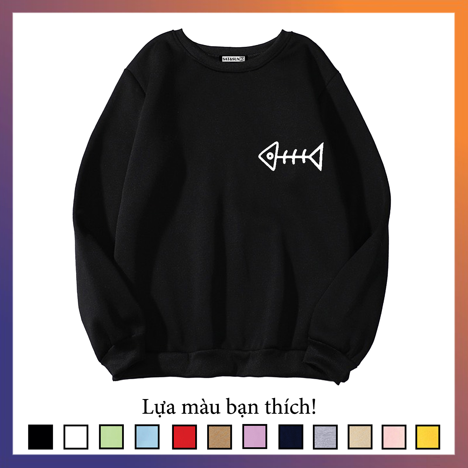 Áo sweater nỉ cổ chui unisex in logo xương cá