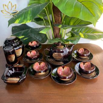 Bộ ấm chén uống trà hỏa biến Bát Tràng HB54 kèm phụ kiện - HOA NỞ TRONG LÒNG CHÉN