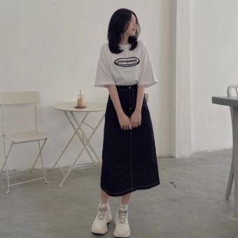 CHÂN VÁY BÒ ĐEN CHỈ NỔI VÀNG #919