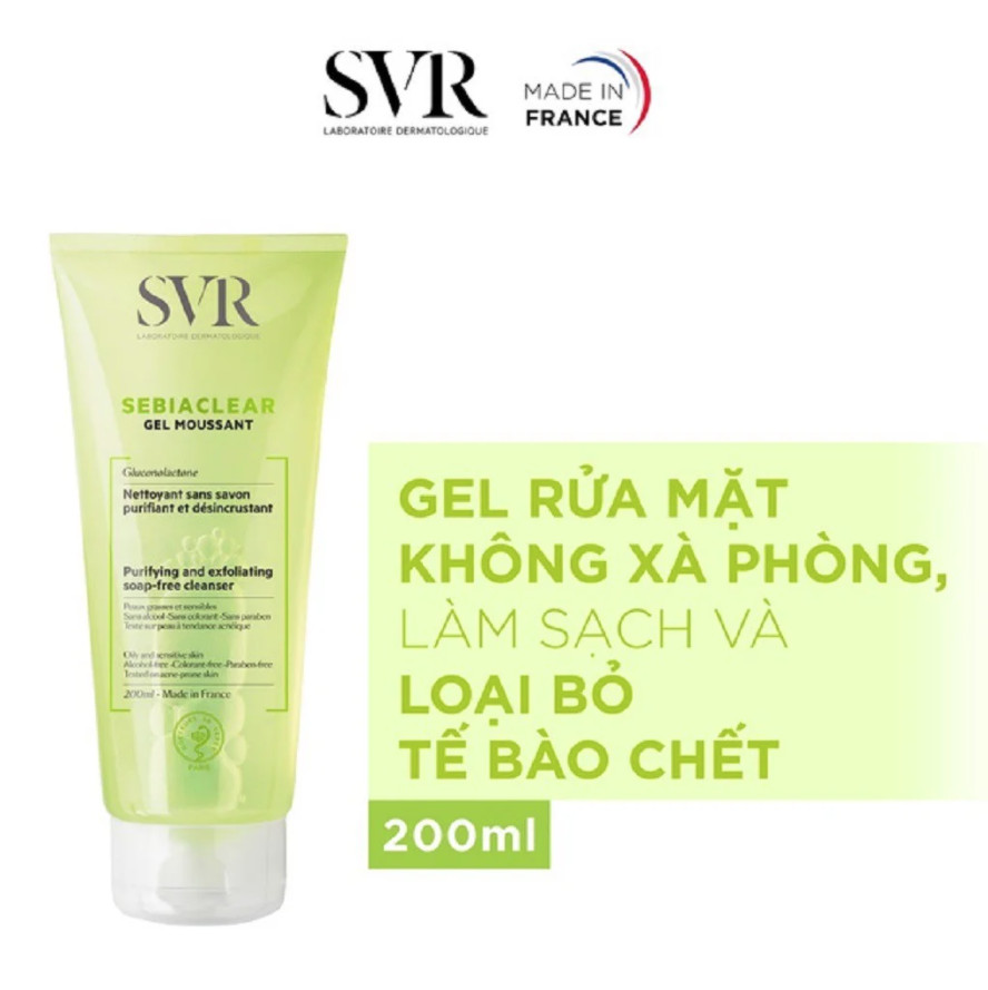 Sữa rửa mặt không có xà phòng, làm sạch & loại bỏ tế bào da chết svr sebiaclear gel moussant 200/400ml