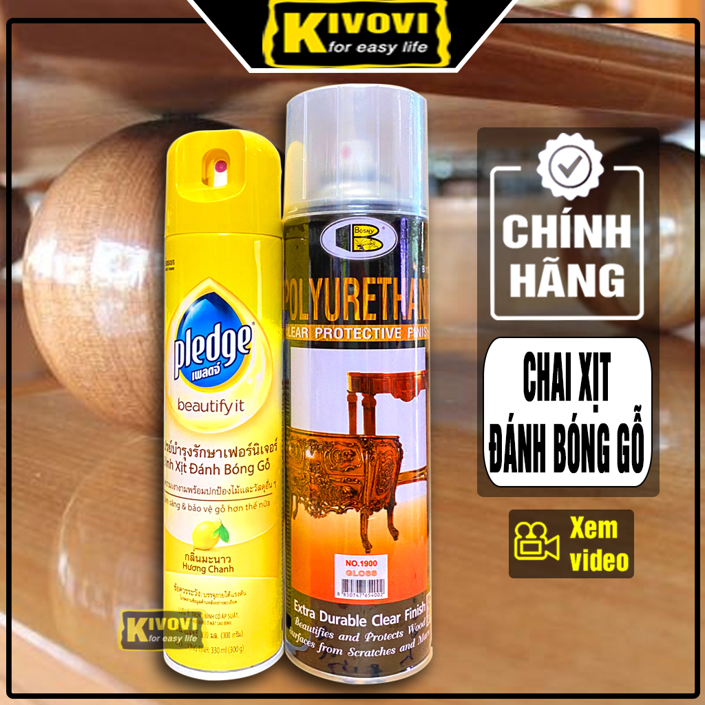 Bình Xịt Làm Bóng Gỗ PLEDGE 330ML/ BOSNY NO 1900 PU CHÍNH HIỆU  - Sơn Xịt Đánh Bóng Gỗ CAO CẤP/ Sáp Đánh Bóng Đồ Gỗ - Kivovi
