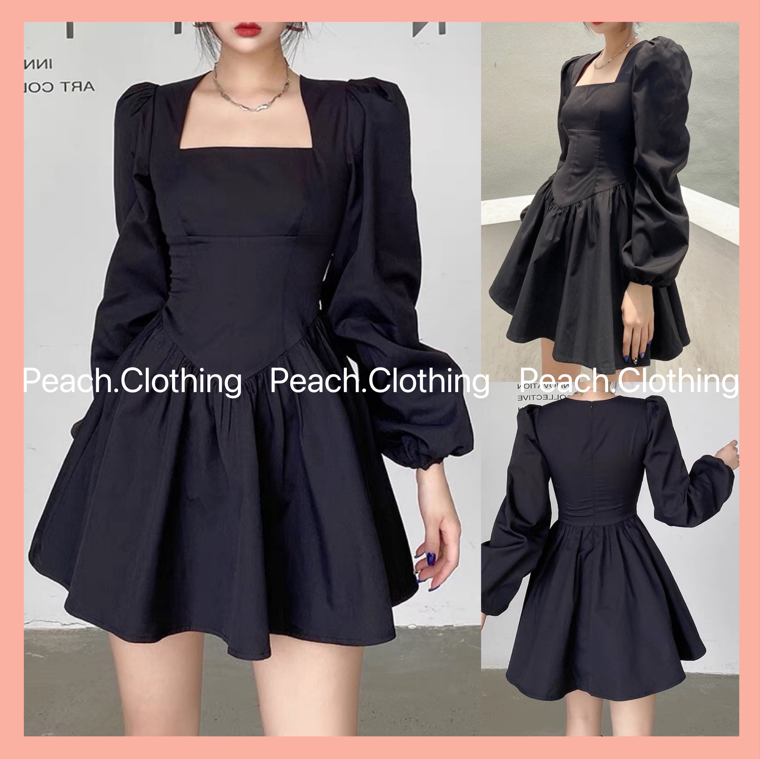 Váy đen xòe tay dài ống tay bồng bo chun siêu tôn dáng VL00002