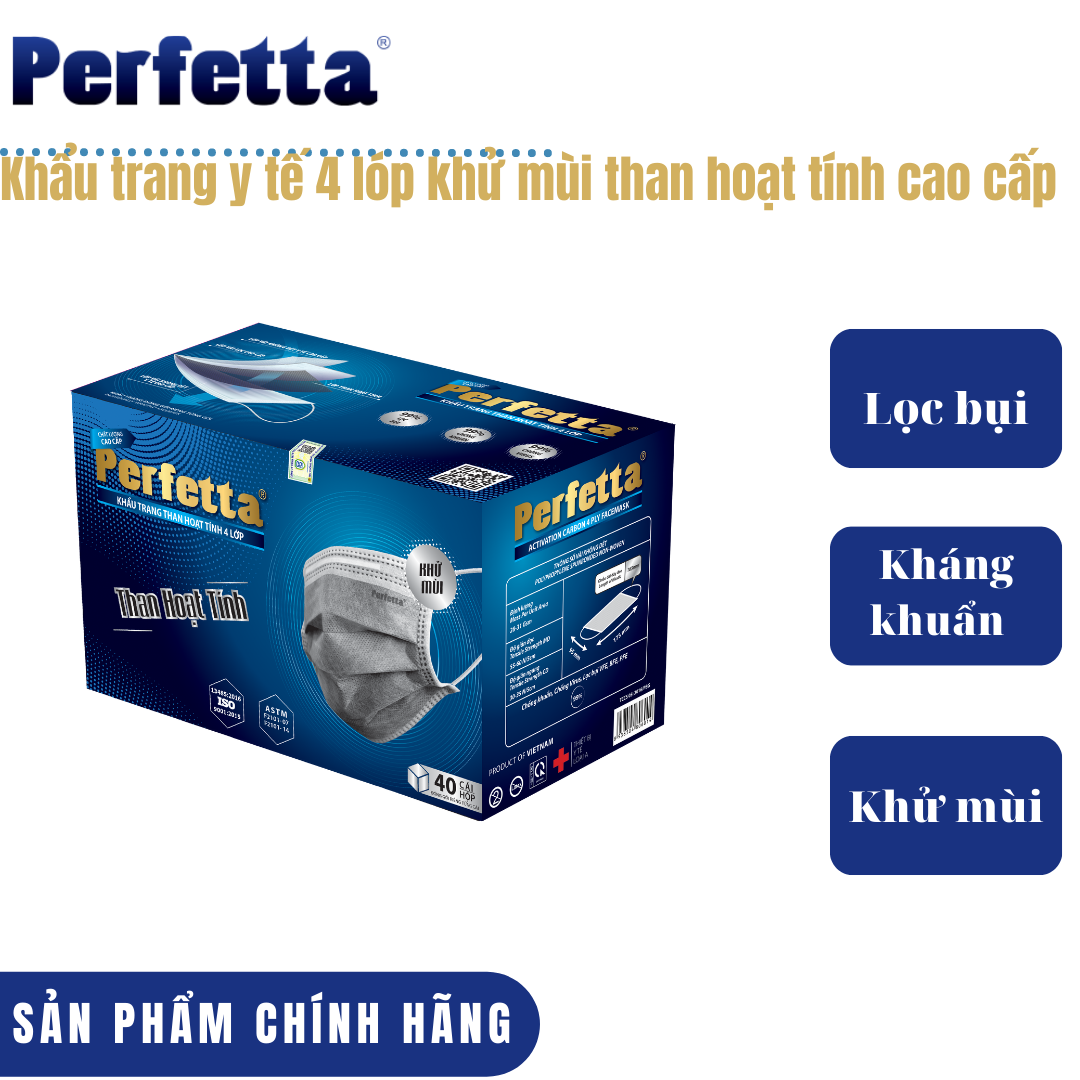Khẩu trang Perfetta Carbon 4 lớp than hoạt tính - Hàng chính hãng có tem đóng riêng từng cái