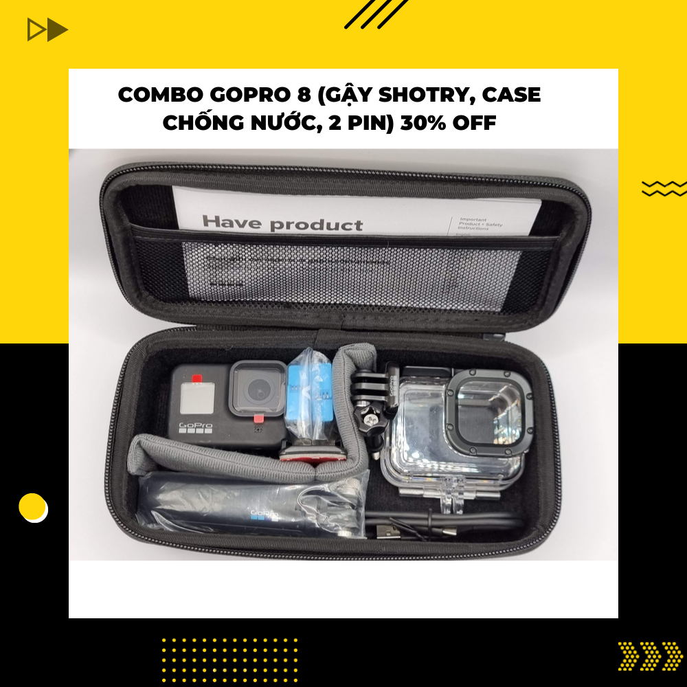 Combo gopro 8 (gậy shorty, case chống nước, 2 pin chính hãng)
