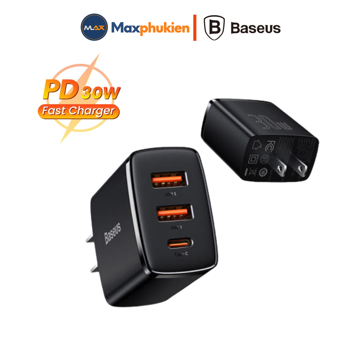 Củ sạc nhanh 30w 3 cổng 2USB + 1Type C Sạc nhanh cho các dòng iPhone Android Chính Hãng Baseus