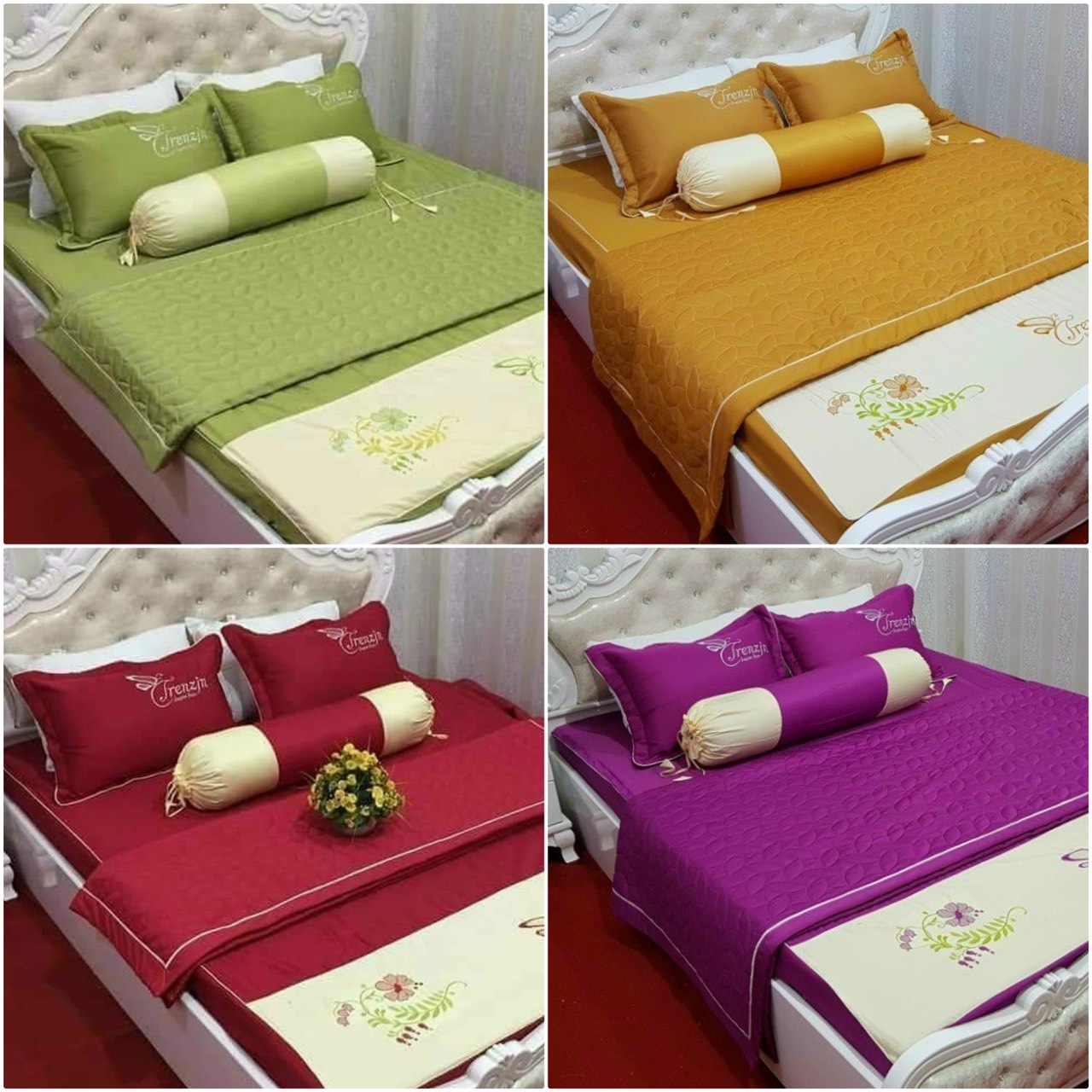 Bộ Chăn Ga Gối Cotton Satin Chần Bông CA Bedding Decor  (1 Ga Chun 2 Vỏ Gối 1 Chăn Chần Bông 1 Vỏ Ôm)