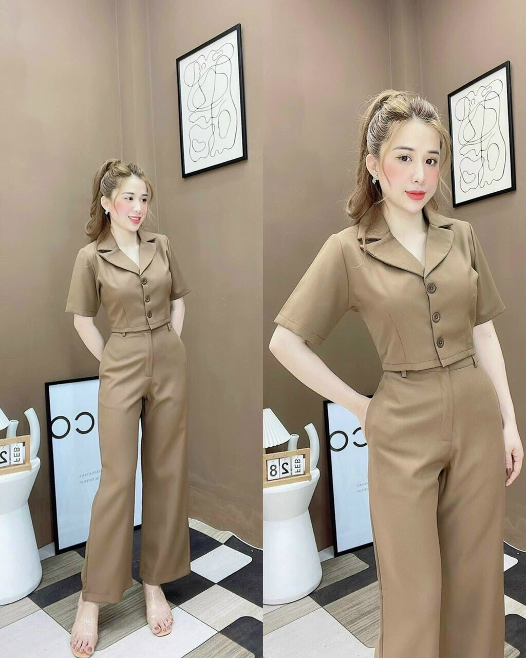 Set bộ vest for mềm áo tay ngắn quần suông thời trang thanh lịch đơn giẳn cực sang