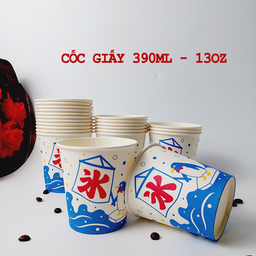 50 chiếc tô giấy 400ml hình chim cánh cụt kèm nắp đựng cháo, chè, kem