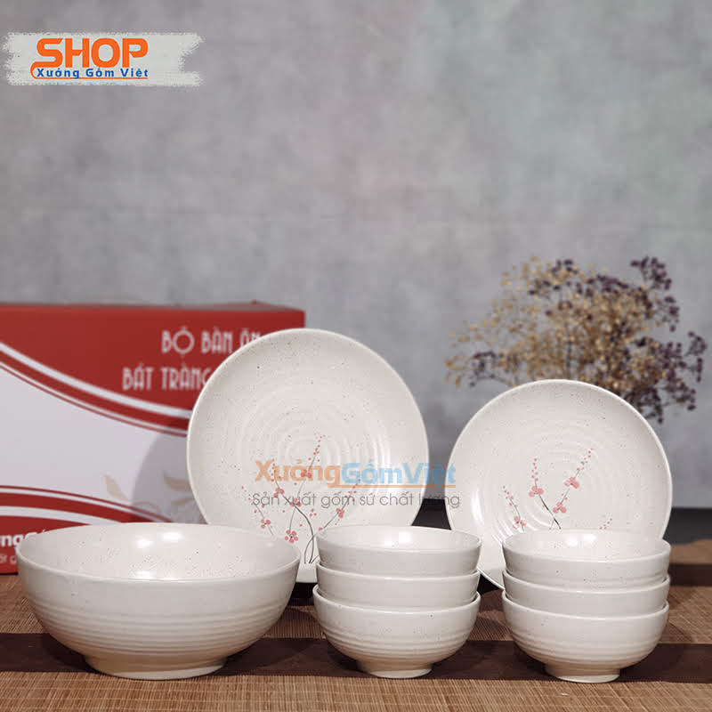COMBO Bộ 9 SẢN PHẨM bát đĩa sứ Bát Tràng men gốm trắng vẽ hoa đào đỏ cao cấp, phù hợp mọi cách trang trí, decor bàn tiệc gia đình bạn