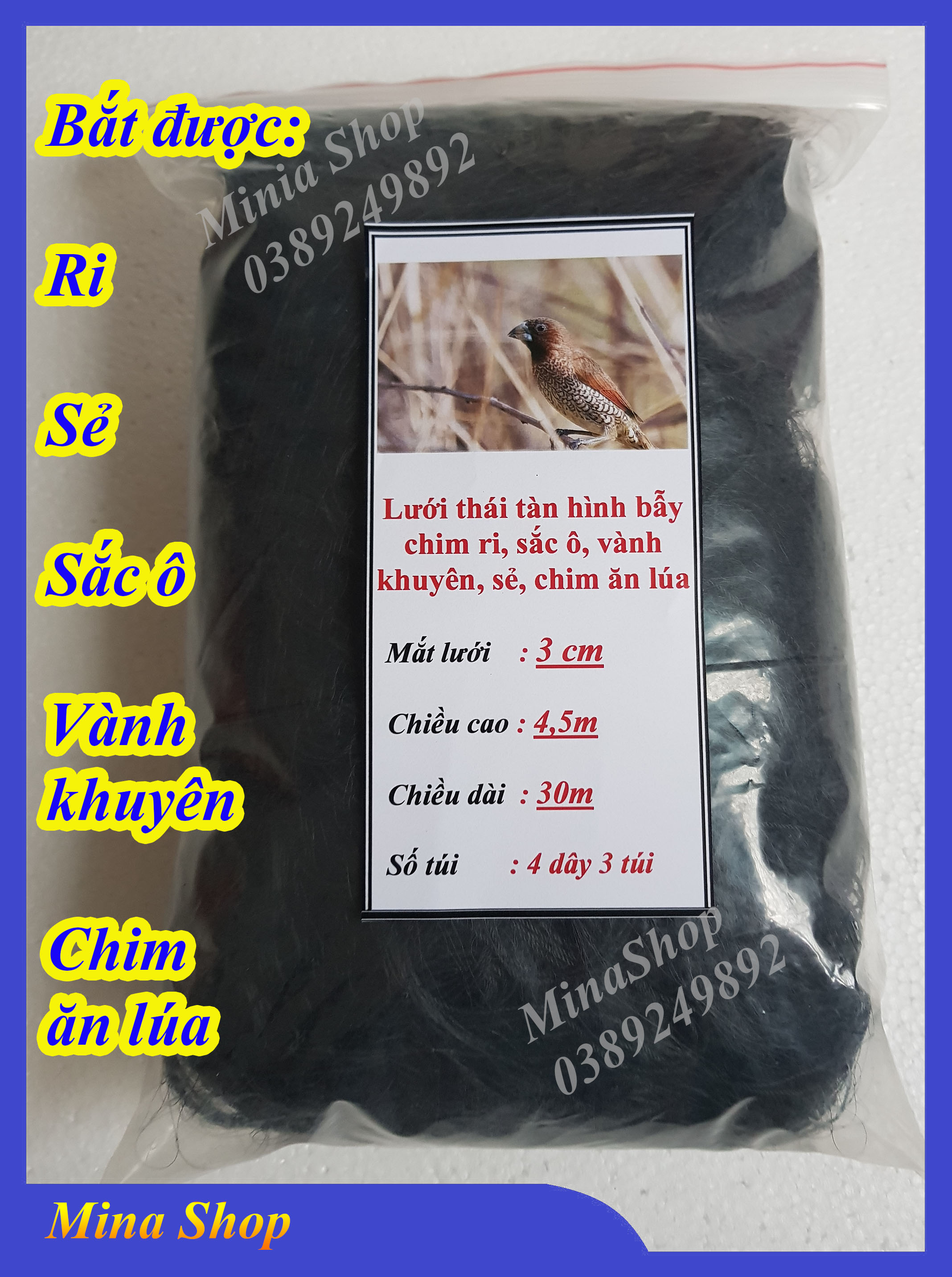 Lưới bẫy chim lưới tàn hình lưới 3 phân 30m bắt chim ri chim sẻ chim sắc ô chim vành khuyên chim ăn lúa