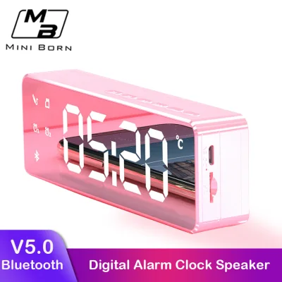 Mini Born Wireless Bluetooth Speaker LED Double Alarm ClockPortable Mini Speaker Super Bass Stereo Speakers Hands-free Calling Mirror Screen Dimmer Speaker Support FM TF AUX (2)