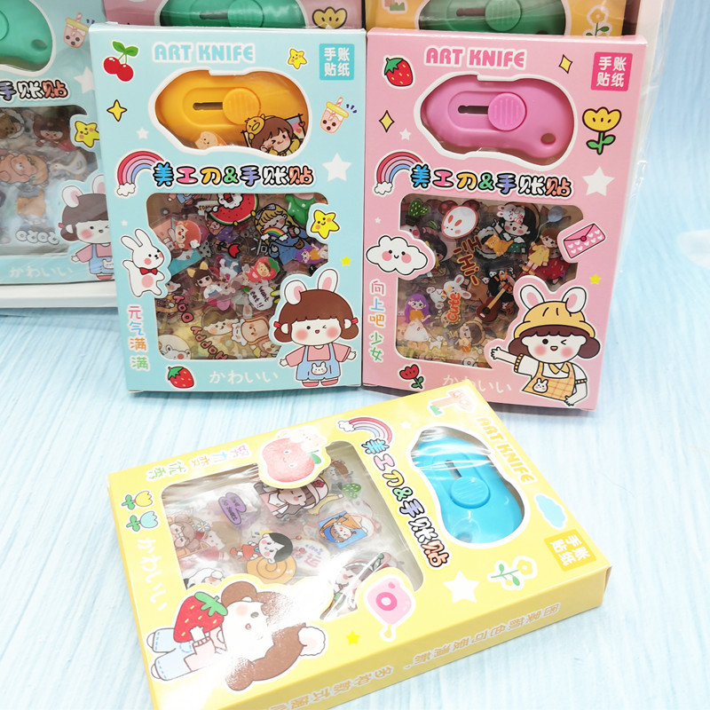 Combo Sticker Dán Cô Bé Cute, Nhựa PVC Trong Suốt, Tặng Kèm Dao Rọc Giấy