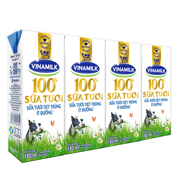 Lốc 4 hộp sữa tưoi Vinamilk 180ml ít đường
