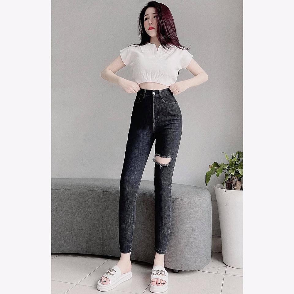 Quần jean nữ lưng cao màu XÁM ĐEN RÁCH GỐI chất bò co giãn cao cấp thời trang JENNY - TCSQJNJN5064