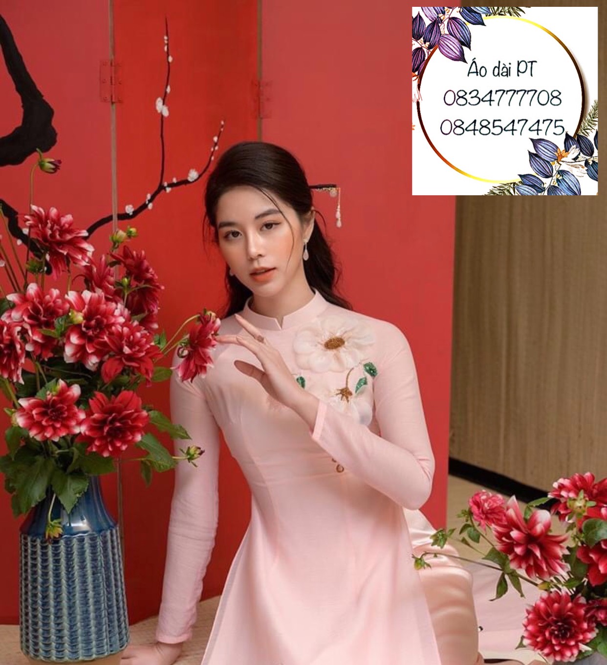 Áo dài lụa tây thi thêu đính hoa kèm quần, áo dài truyền thống