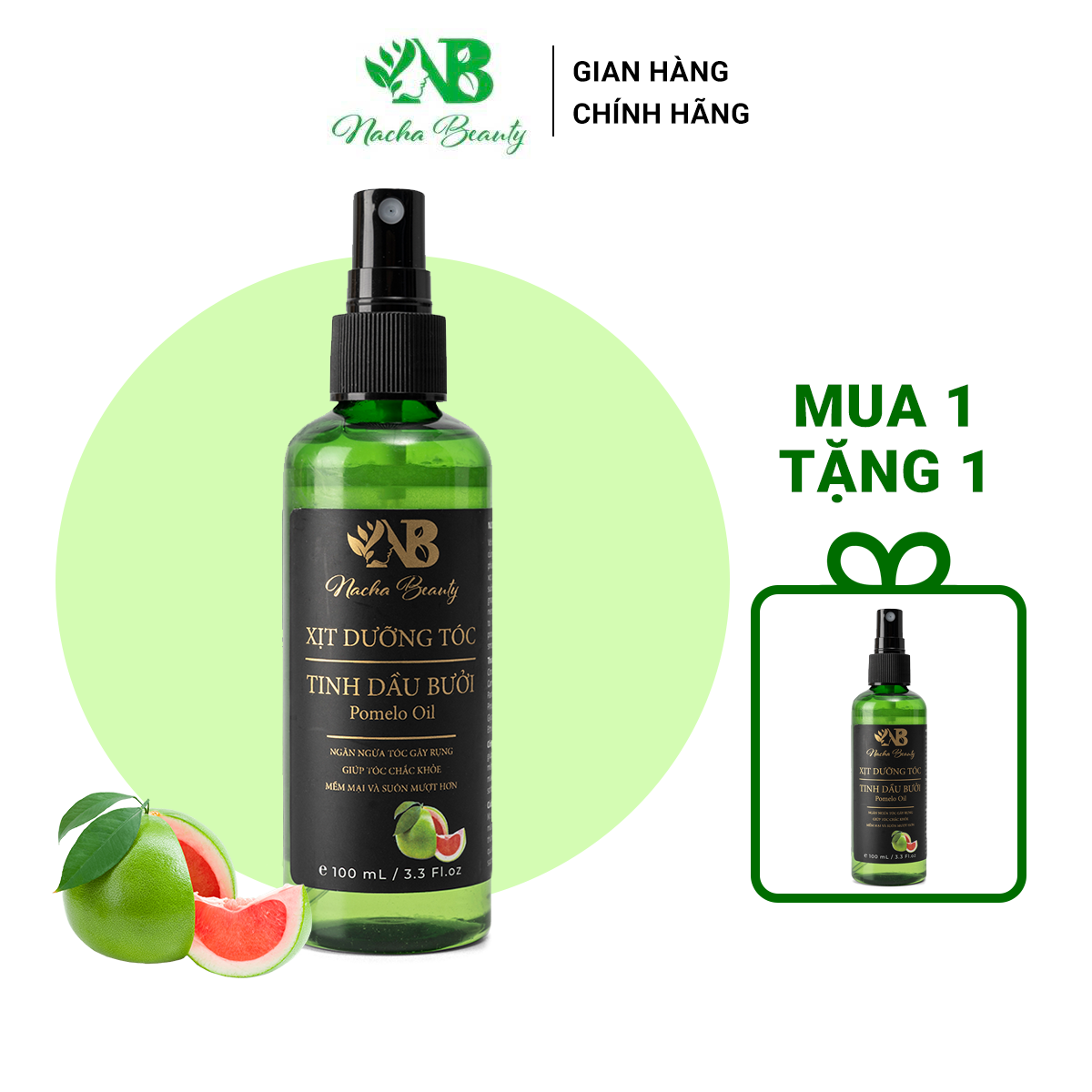 MUA 1 TẶNG 1 Tinh dầu bưởi kích mọc tóc, giảm rụng tóc Nacha Beauty Pomelo 100ml thành phần được chiết xuất từ thiên nhiên giúp giảm khô xơ, chẻ ngọn, nuôi dưỡng tóc từ gốc đến ngọn . tăng quà
