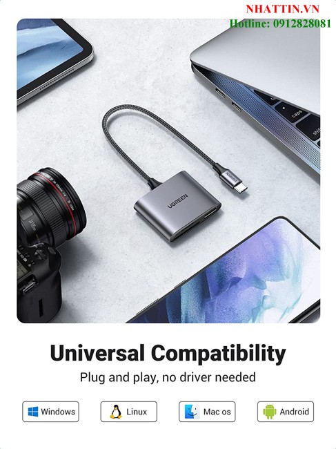 Đầu đọc thẻ SD/TF kèm OTG chuẩn USB 3.1 Type-C Ugreen 80798 vỏ nhôm cao cấp