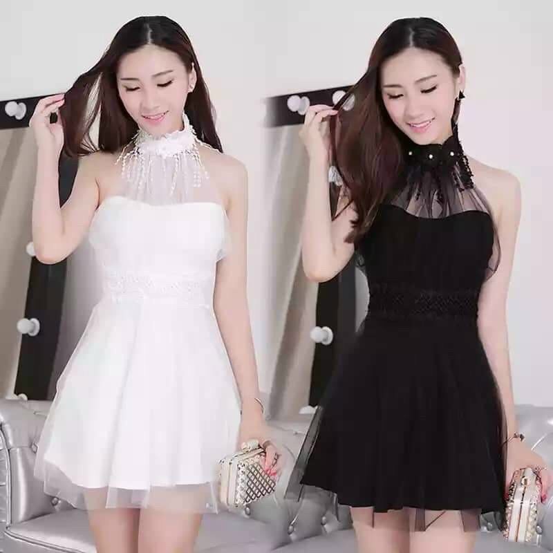 Đầm yếm xòe cổ đính ngọc trai hàng quảng châu cao cấp dd008