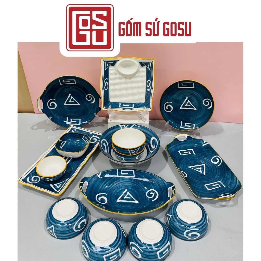 (BÁN LẺ) Bộ bát đĩa sứ viền vàng họa tiết tam giác xoắn giá rẻ, bát đĩa decor phong cách Nhật Bản