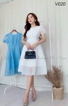 Váy đầm nữ xòe, tay con , đính nút, chất voan cao cấp