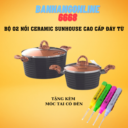 Bộ nồi 2 18 và 20cm nồi ceramic đáy từ sunhouse shg2003mca + tặng móc tai có đèn