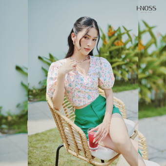 Áo Kiểu Nữ Thời Trang HNOSS Croptop Tay Phồng Cột Nơ HNAKI077