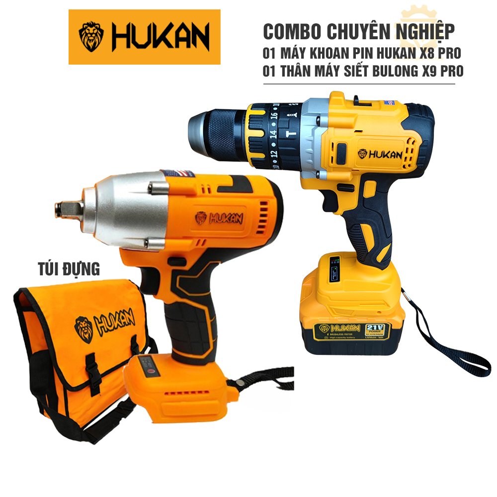 Combo 01 máy khoan pin hukan x8 pro 21v và 01 thân máy siết bulong x9 pro kèm túi đựng