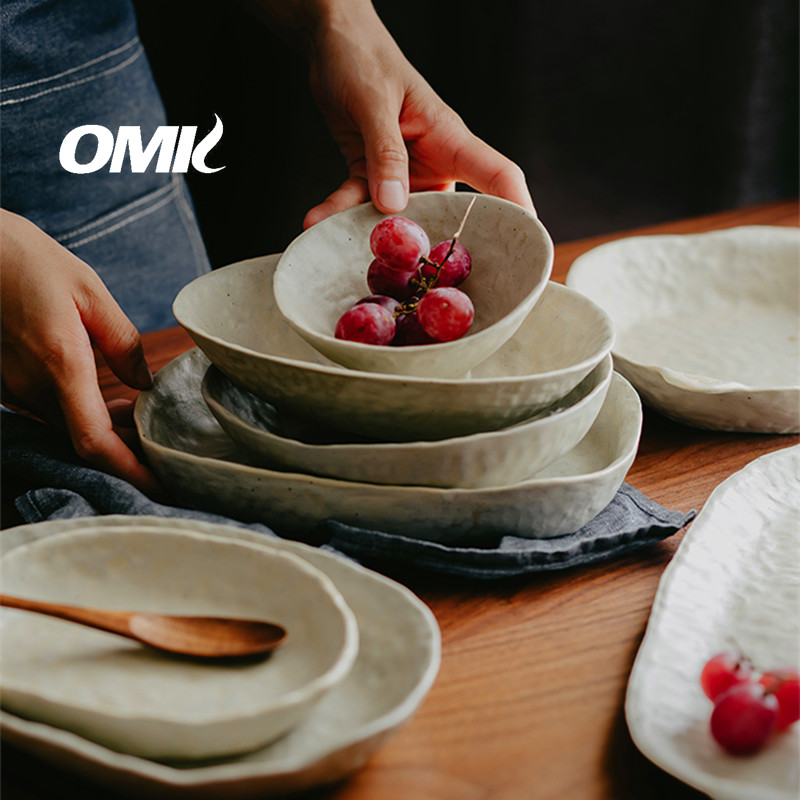 Omk phong cách cổ điển thô gốm thủ công xử lý bằng tay bộ đồ ăn gốm đĩa cơm tối bát chén nước tương手工粗陶餐具