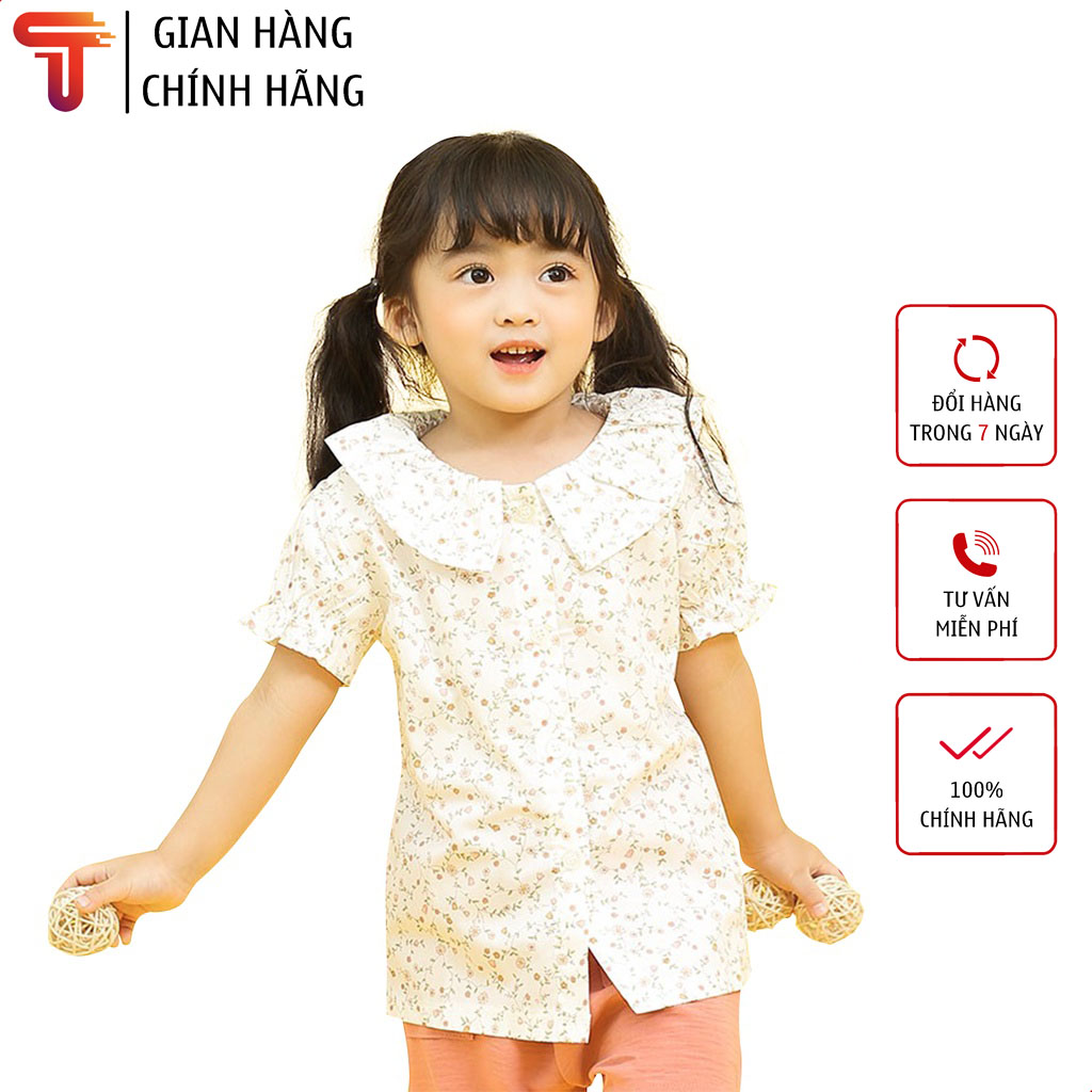 TANOSA KIDS Aó sơ mi hoa nhí cộc tay chất thô mềm cực xinh cho bé gái 12-25kg