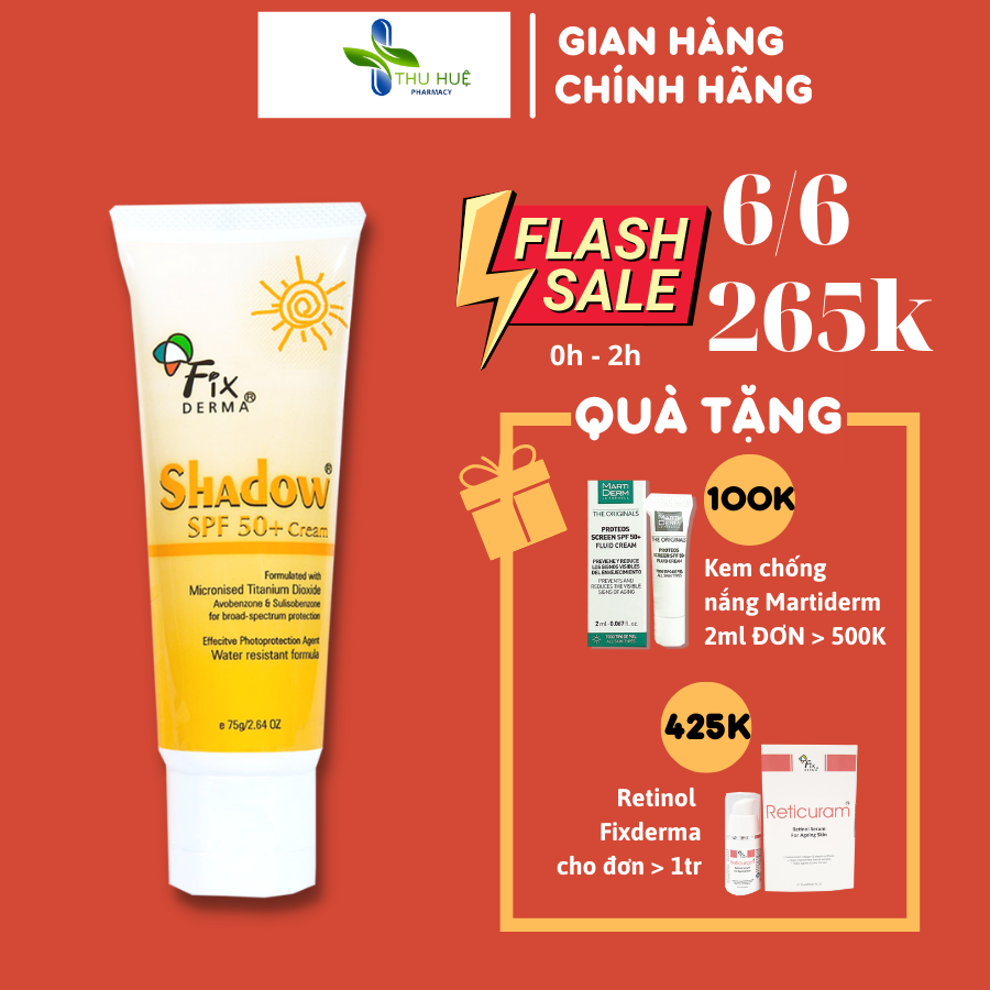Kem chống nắng Shadow Fixderma 75g chính hãng, không bết dính, nâng tone nhẹ, chỉ số chống nắng Spf 30-50+, màng lọc PA+++, top 5 kem & gel chống nắng vật lý lai hóa học cho da dầu mụn được bác sĩ da liễu khuyên dùng [ chính hãng ]