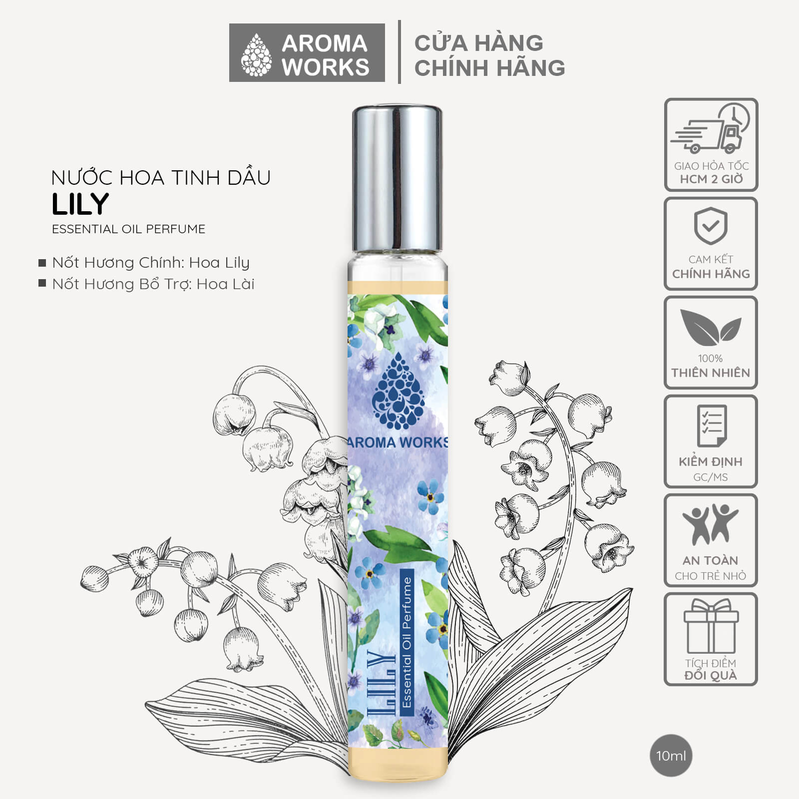Tinh dầu nước hoa không cồn, lưu hương lâu Aroma Works Lily Essential Oil Perfume 10ml - Hương Lily