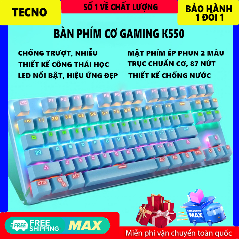 Bàn phím cơ Yoking K550 Blue Switch 87 phím tiêu chuẩn, bàn phím cơ gaming RGB phù hợp với chơi game và làm việc , bàn phím cơ dùng cho PC, laptop