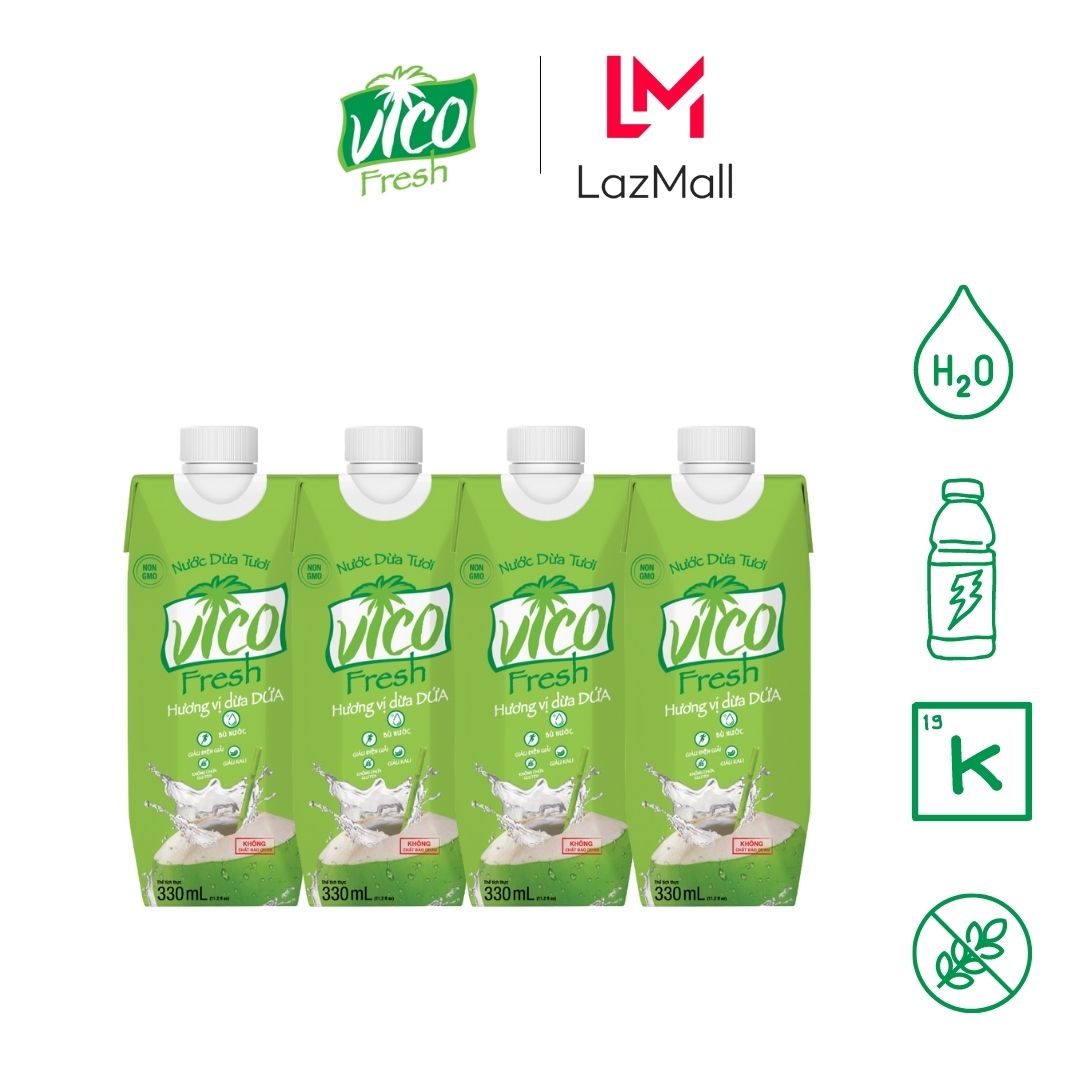 COMBO 4 HỘP NƯỚC DỪA VICO FRESH 330ML - VỊ DỨA - DỨA NGUYÊN VỊ TỪ BẾN TRE