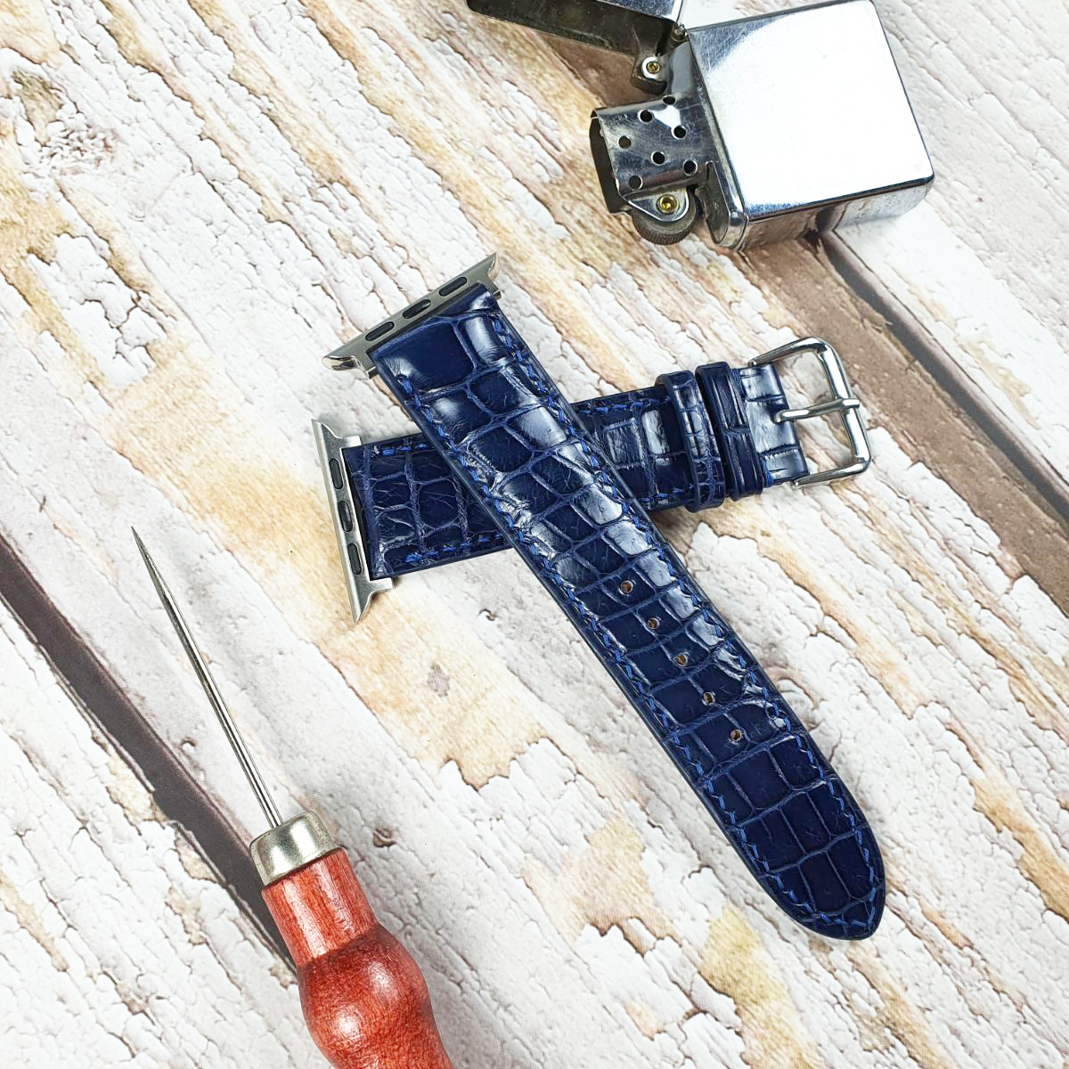 Dây đồng hồ da cá sấu thật may thủ công handmade AL118LEA xanh navy -100% da cá sấu thật, BH 3 năm