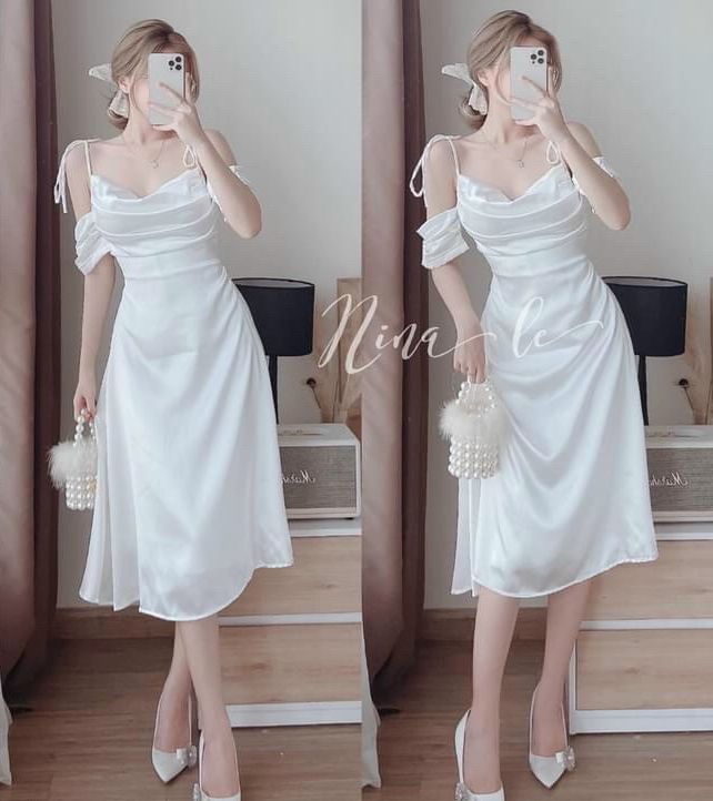 Đầm dự tiệc chất phi lụa có mod ngực kiểu dáng nàng thơ đẹp dịu dàng.