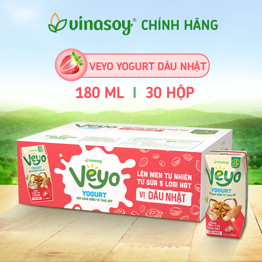 Thùng Sữa chua uống từ thực vật Veyo Yogurt vị Dâu Tây Nhật (30 Hộp x 180ml)